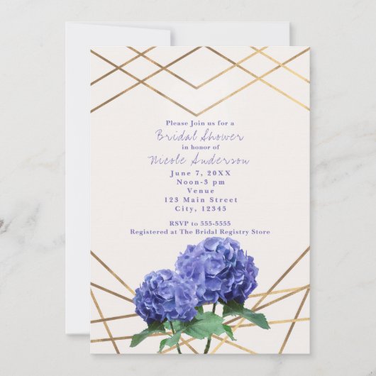 Fleurs d'Hydrangea et lignes d'or Invitations élég (Devant)