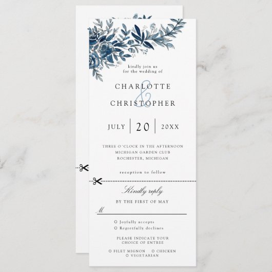 fleurs d'indigo faire-part de mariage avec rsvp at (Devant / Derrière)