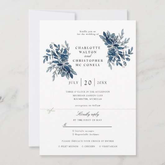 fleurs d'indigo faire-part de mariage avec rsvp at (Devant)