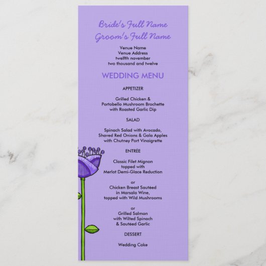Fleurs Doodle amusantes Menu de mariage violet ora (Devant)