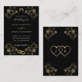 Fleurs d'or Aimer Faire-part de mariage Noir Or (Devant / Derrière)
