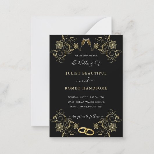 Fleurs d'or Aimer Faire-part de mariage Noir Or (Devant)
