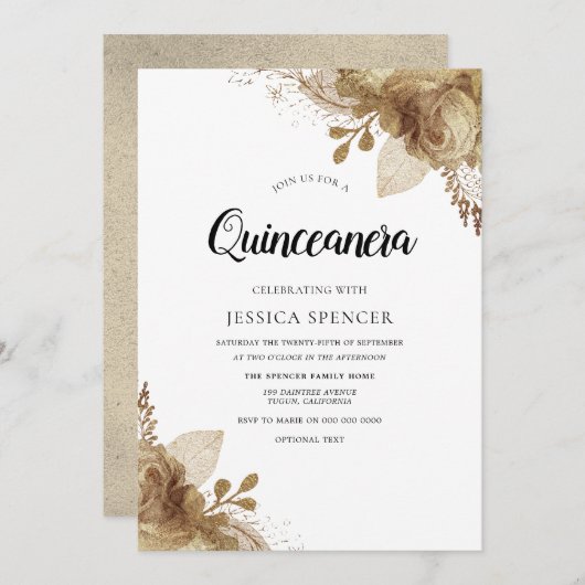 Fleurs d'or Élégant Invitation du Parti Quinceaner (Devant / Derrière)