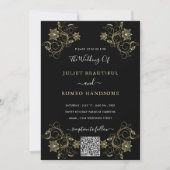 Fleurs d'or Faire-part de mariage noir avec code Q (Devant)