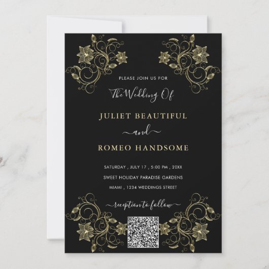 Fleurs d'or Faire-part de mariage noir avec code Q (Devant)
