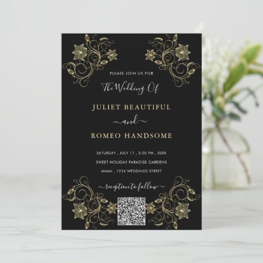 Fleurs d'or Faire-part de mariage noir avec code Q (Debout devant)