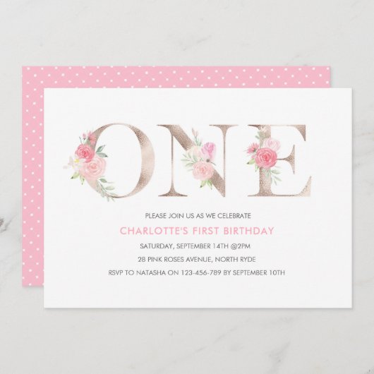 Fleurs d'or rose première Invitation d'anniversair (Devant / Derrière)