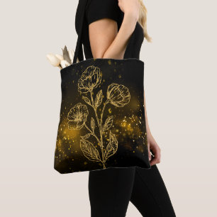 Fleurs d'or Sac fourre-tout noir et or