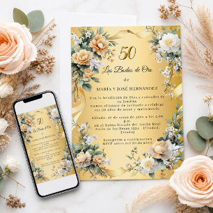 Fleurs Dorées Invitation Noces d'Or