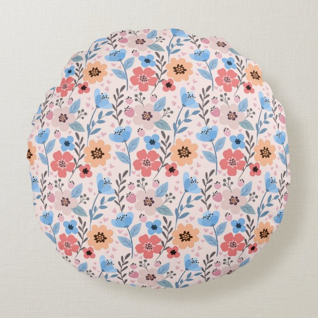 Fleurs douces & Petits Coeurs Coussin rond (Devant)