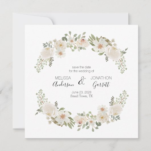 Fleurs élégantes de mariage blanc Save The Date (Devant)