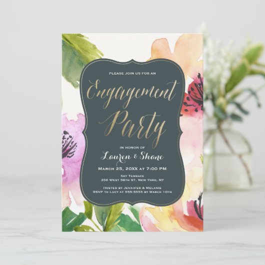 Fleurs élégantes Gold Engagement Party Invitation (Debout devant)