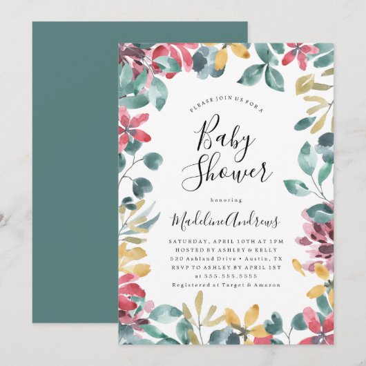 Fleurs élégantes | Invitation au Baby shower flora (Devant / Derrière)