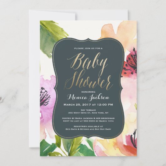Fleurs élégantes | Invitation baby shower (Devant)