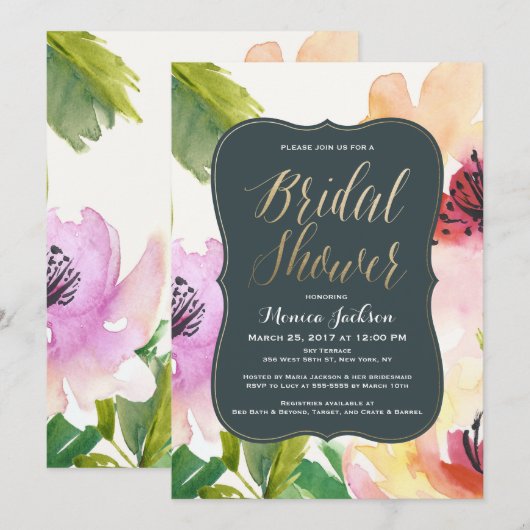 Fleurs élégantes | Invitation de douche nuptiale (Devant / Derrière)