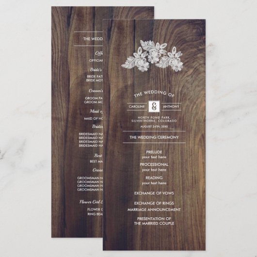 Fleurs en dentelle | Programme de mariage en bois  (Devant / Derrière)