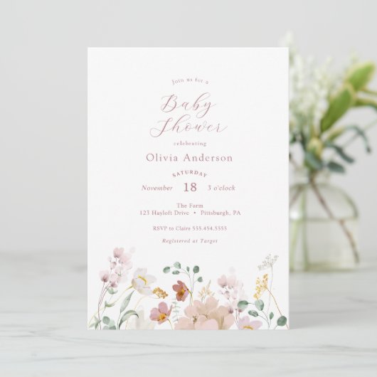 Fleurs en fleurs roses Invitation Baby shower (Debout devant)