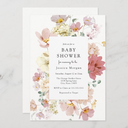 Fleurs en fleurs roses Invitation Baby shower (Devant / Derrière)