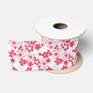 Fleurs en papier rouge et blanc ruban de satin