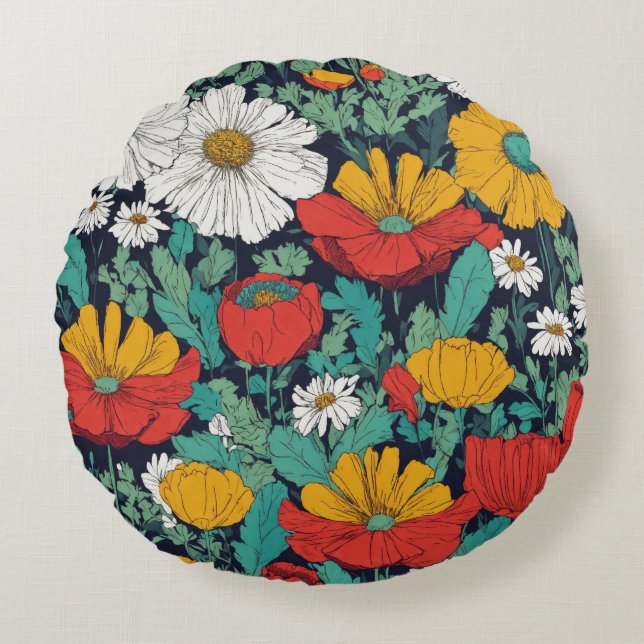 Fleurs ensoleillées : Coussin rond blanc et jaune (Devant)