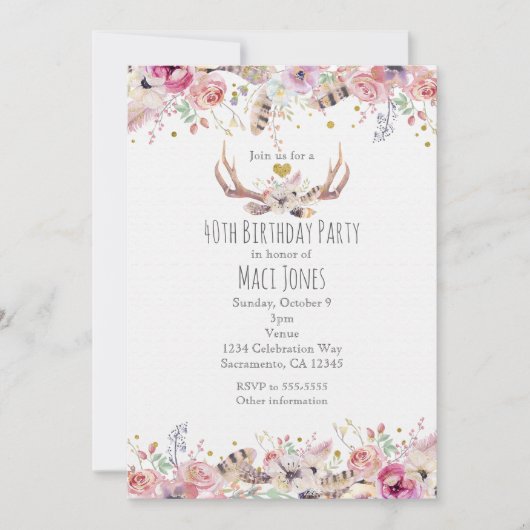 Fleurs et Antlers de Cerfs Invitations de fête d'a (Devant)