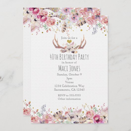 Fleurs et Antlers de Cerfs Invitations de fête d'a (Devant / Derrière)