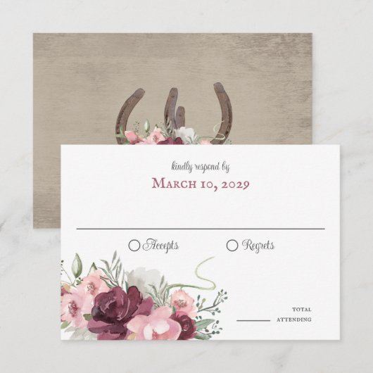 Fleurs et fer à cheval rustiques Invitation bois d (Devant / Derrière)