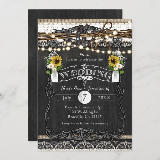 Fleurs et fer à cheval rustiques Invitations de ma (Devant / Derrière)