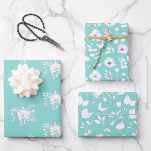 Fleurs et Feuilles blancs et aqua modernes (Recto)