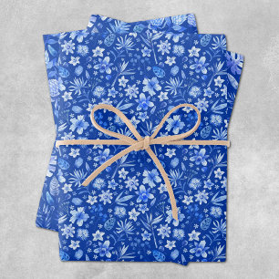 Fleurs et feuilles tropicales bleu cobalt 3 motifs
