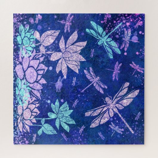 Fleurs et libellules bleu violet Puzzle (Horizontal)