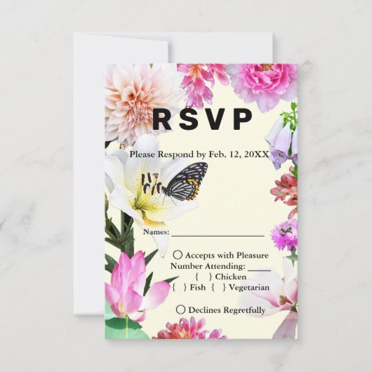 Fleurs et papillon Aquarelle Mariage RSVP & Menu (Devant)