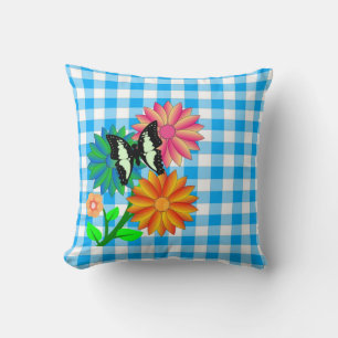 Fleurs et papillon bleu Vichy Coussin