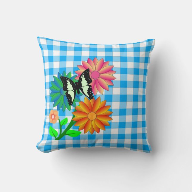 Fleurs et papillon bleu Vichy Coussin (Recto)