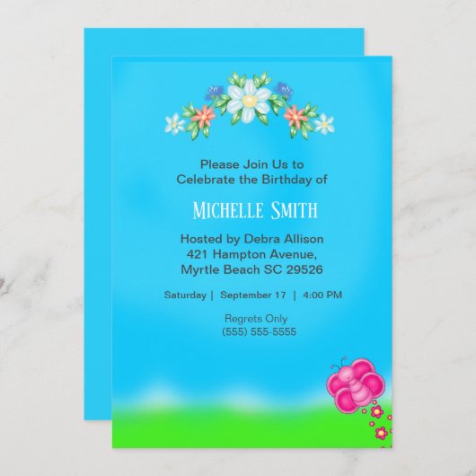 Fleurs et papillons Invitations d'anniversaire (Devant / Derrière)