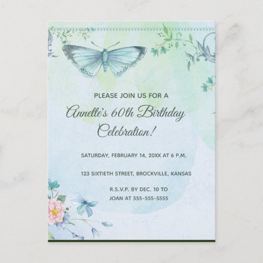 Fleurs et papillons modifiables Invitation d'anniv (Devant)