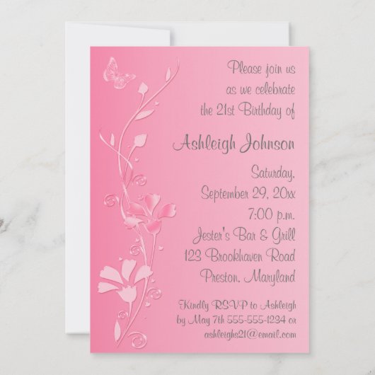 Fleurs et papillons rose, gris 21e Invitation (Dos)