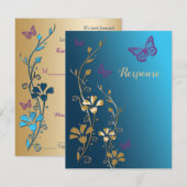 Fleurs et papillons sarcelle, or, violet RSVP (Devant / Derrière)