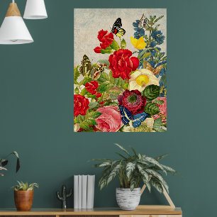 Fleurs et papillons vintage Valeur Papier Affiche