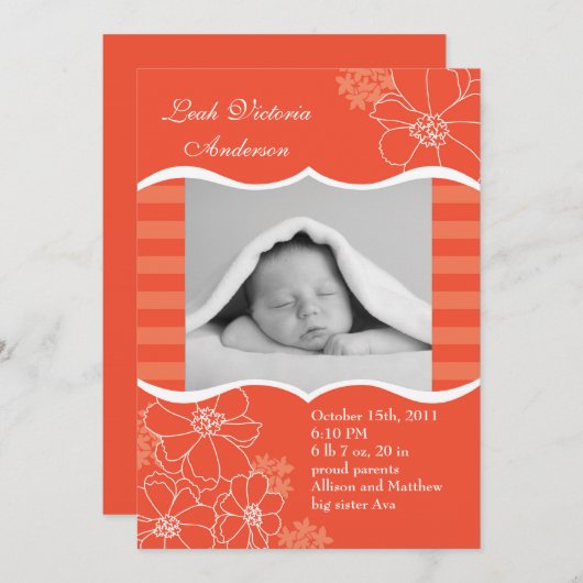 Fleurs et rayures Faire-part de naissance photo (Devant / Derrière)