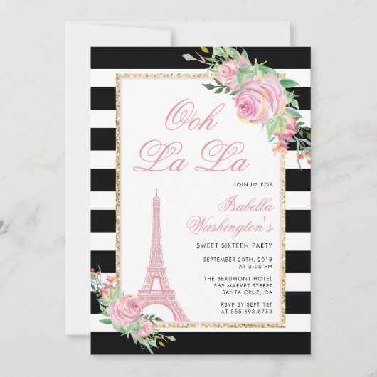 Fleurs et Tour Eiffel Invitation fête d'anniversai (Devant)