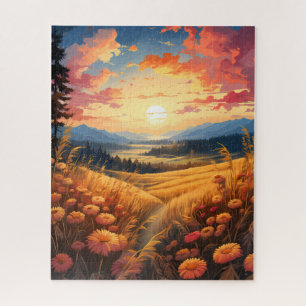 Fleurs et vues lointaines de montagnes Puzzle