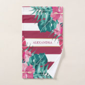Fleurs exotiques rayées monogramme bordeaux (Serviette à main)