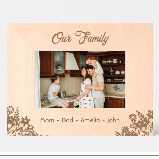 Fleurs Famille Noms de Date Engravé Cadre en Bois