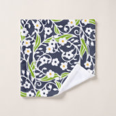 Fleurs, feuilles, vignes, bleu marine, blanc, vert (Gant de toilette)