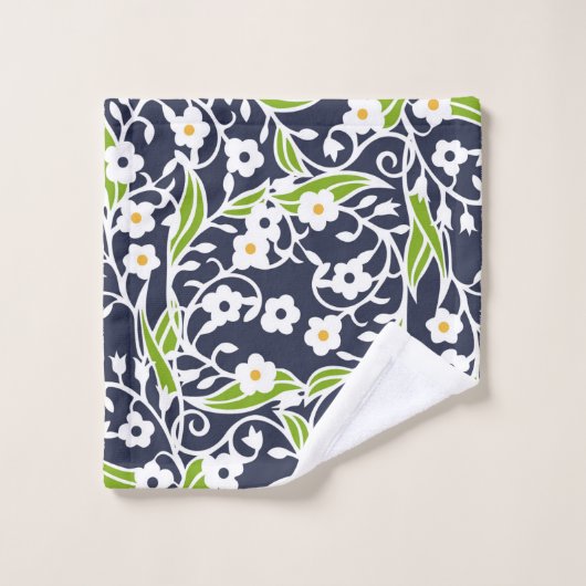 Fleurs, feuilles, vignes, bleu marine, blanc, vert (Gant de toilette)