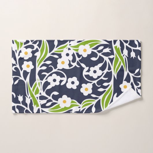 Fleurs, feuilles, vignes, bleu marine, blanc, vert (Serviette à main)