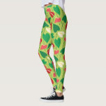 Fleurs flamingo colorées leggings motifs<br><div class="desc">Fleurs flamingo rouges,  vertes et blanches dans un motif transparent sur un arrière - plan vert citron.</div>