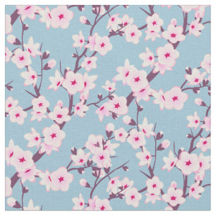 Fleurs florales de cerisier Ciel rose tissu bleu