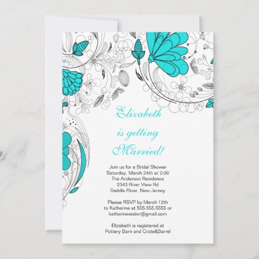 Fleurs florales Invitation douche nuptiale Turquoi (Devant)